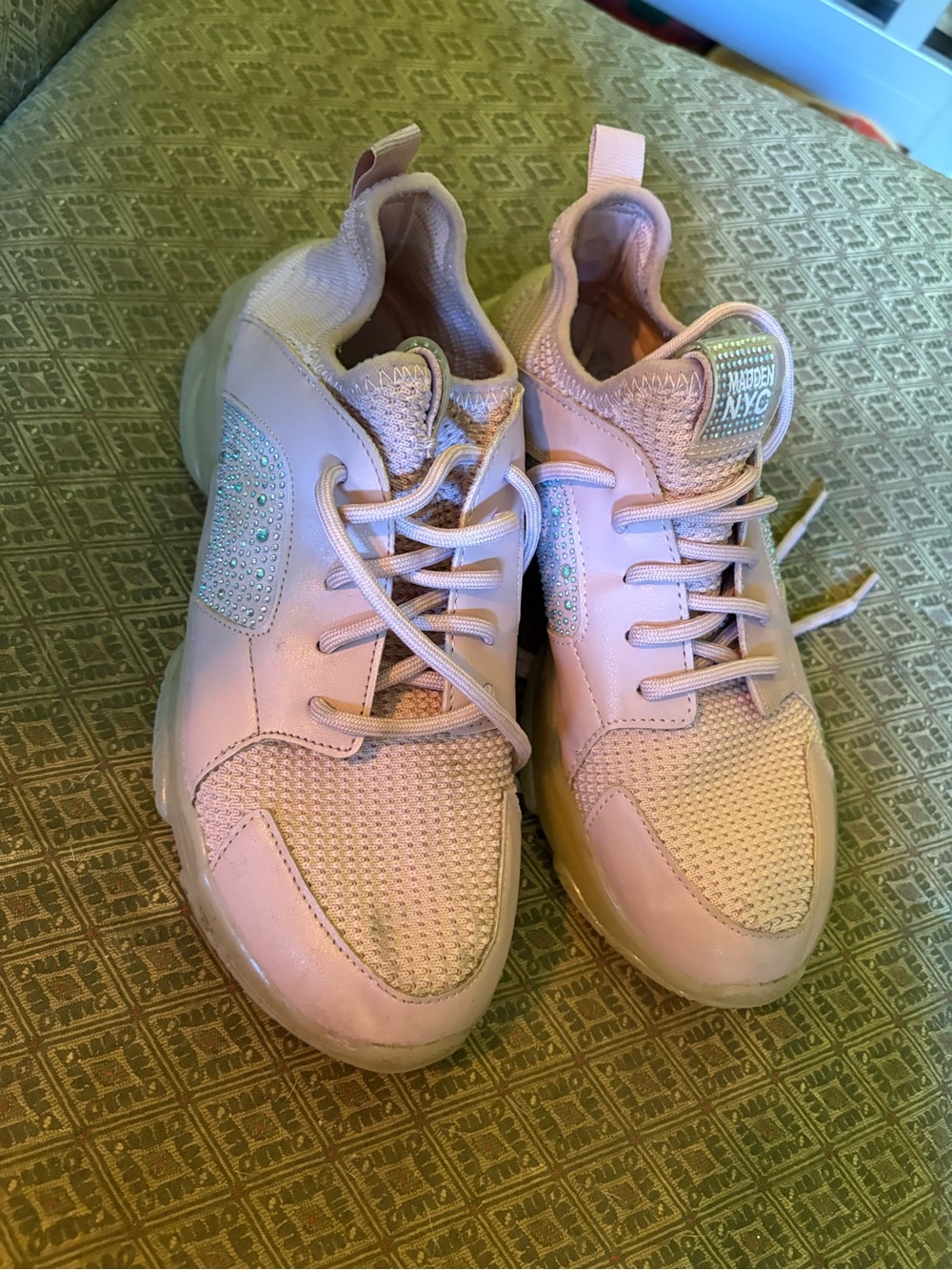 Light Pink Women's Chunky Lace-Up Sneakers with Crystal Accent